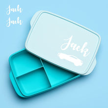 Load image into Gallery viewer, Personalised lunchbox name label with a car picture and name sticker on a blue bento box
